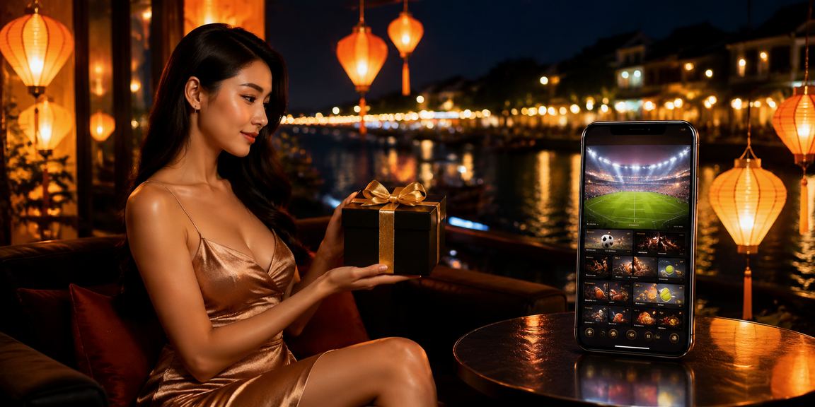 Người dùng đặt cược thể thao trên điện thoại dưới ánh đèn lồng rực rỡ tại phố cổ Hội An