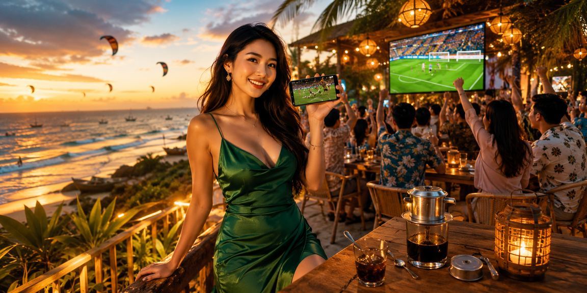 Người dùng xem cá cược bóng đá bên tách cà phê tại Mũi Né, không khí bãi biển thư giãn